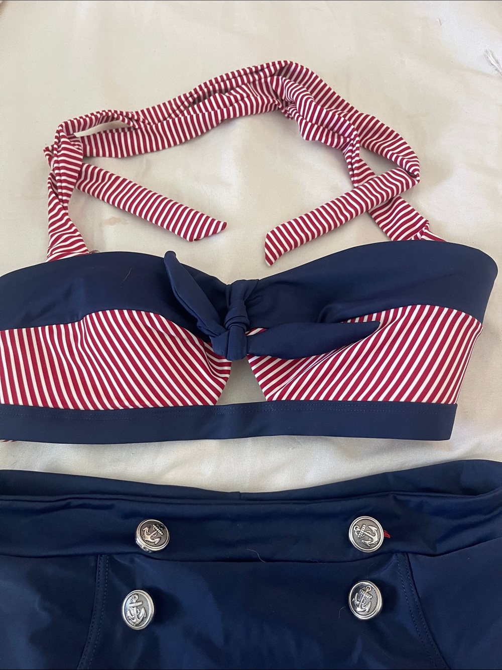 Navy & Red Striped High-Waist Bikini Set - Picture 2 of 5